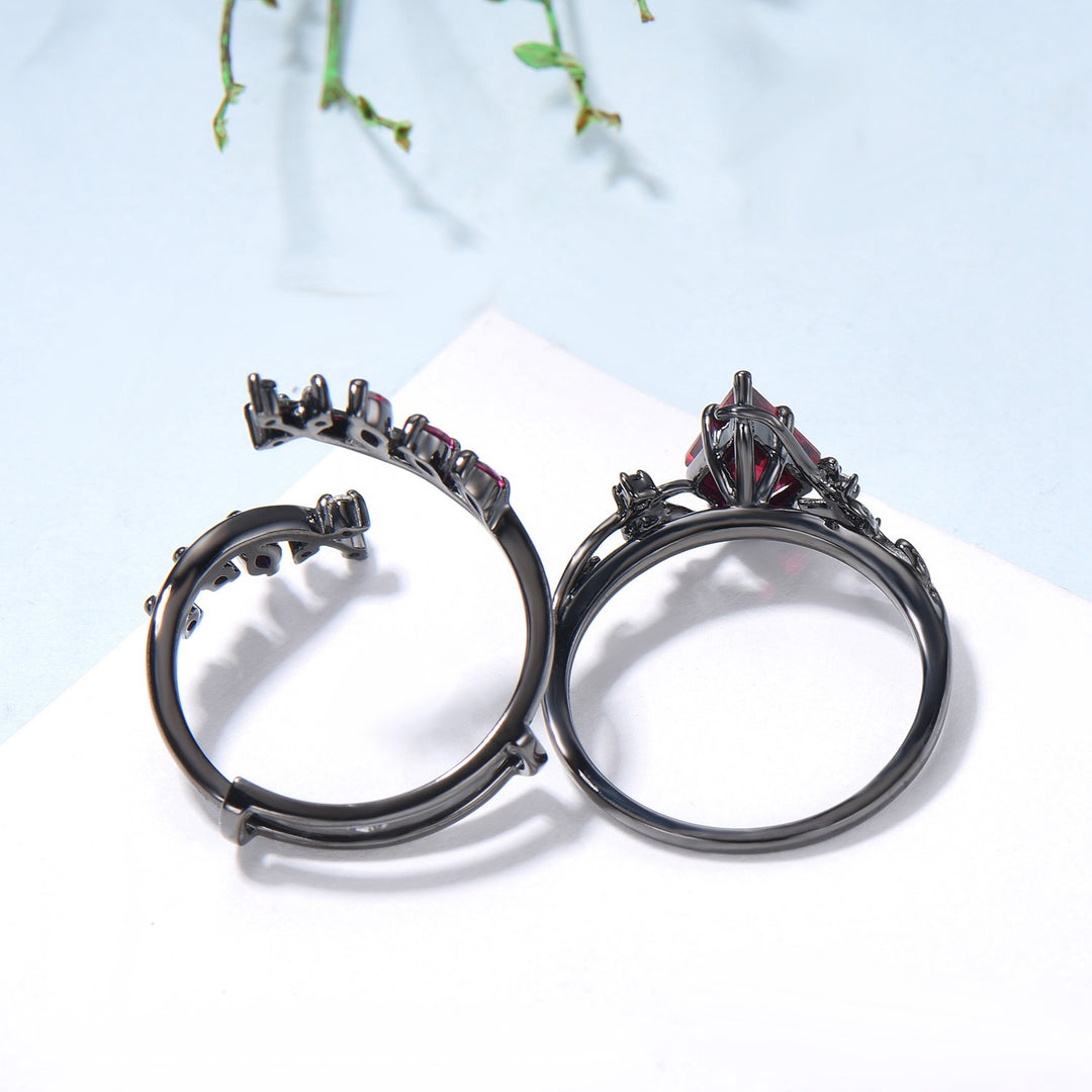 Unique gothic kite cut ruby engagement ring set black gold cluster engagement ring leaf branch nature inspired marquise ruby wedding set - PENFINE