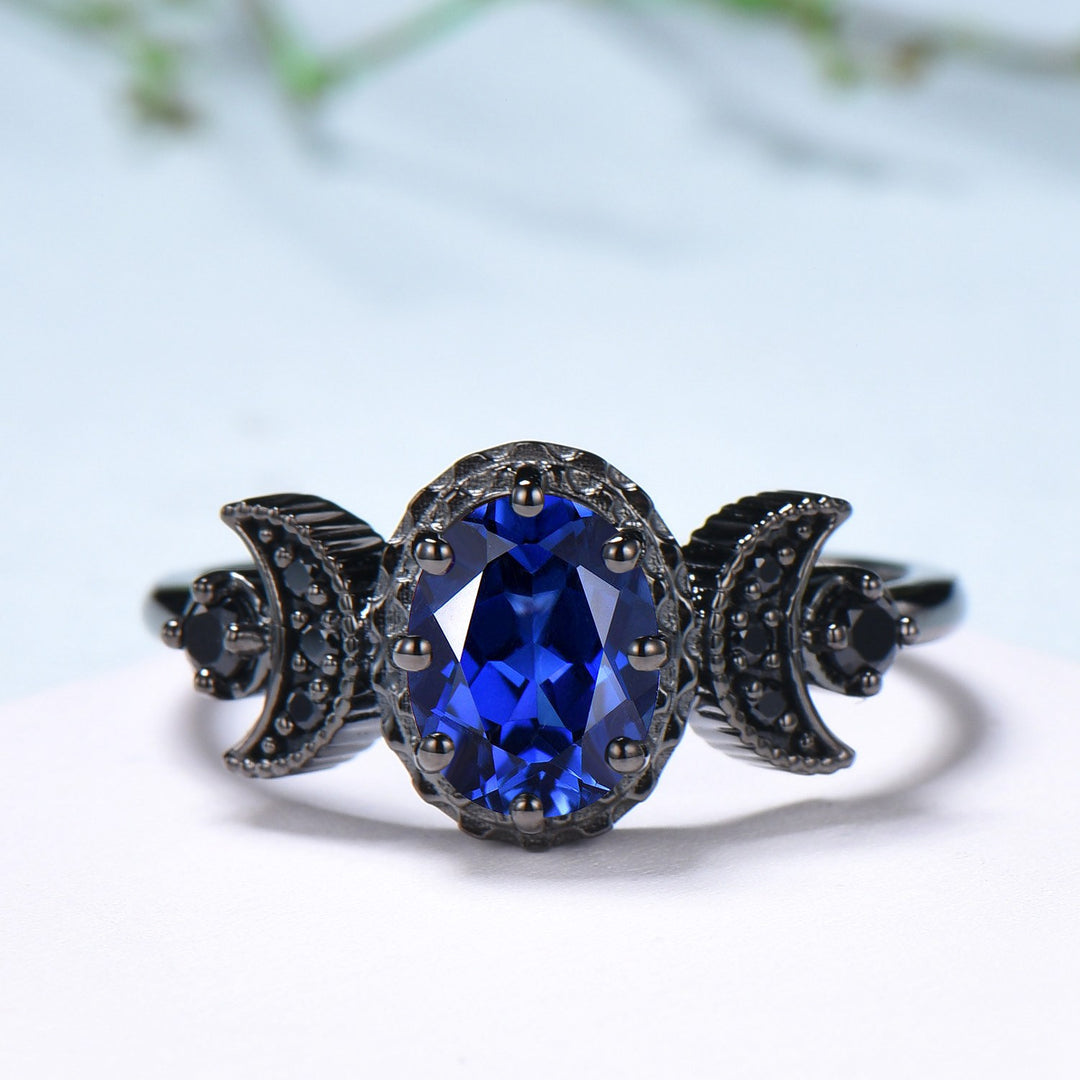 Unique moon star ring Oval blue sapphire wedding ring set Black gold gothic engagement ring set crescent moon sapphire bridal set for women - PENFINE