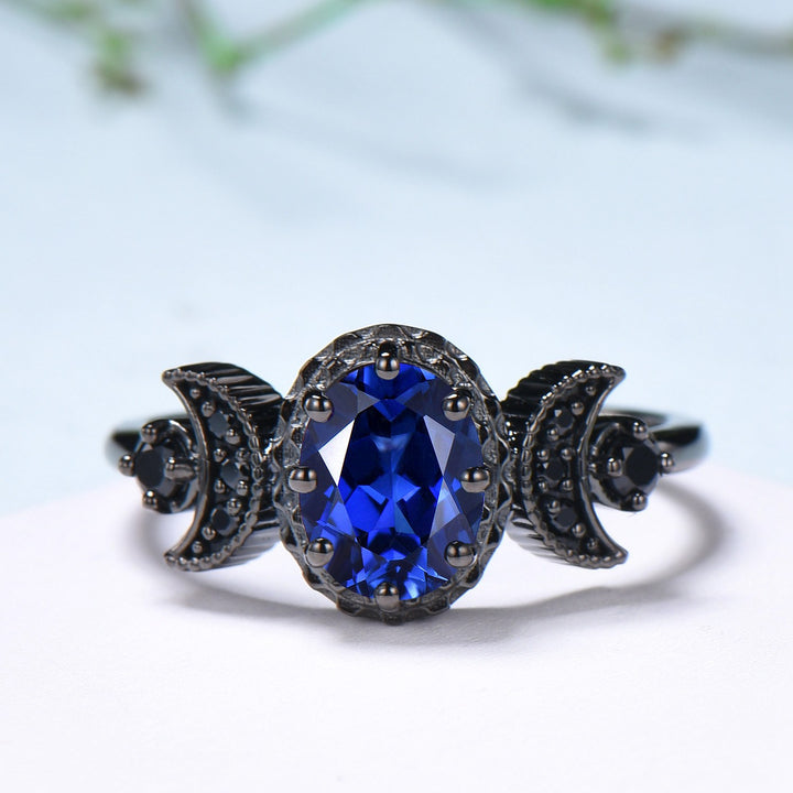Unique moon star ring Oval blue sapphire wedding ring set Black gold gothic engagement ring set crescent moon sapphire bridal set for women - PENFINE