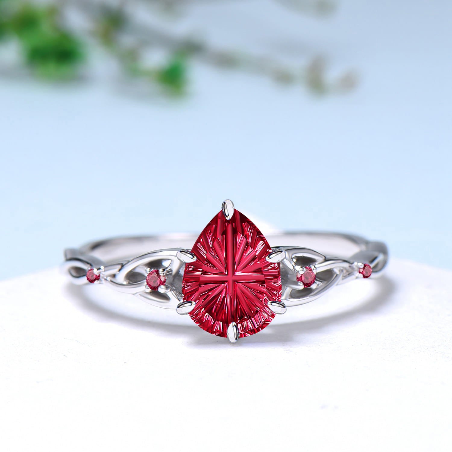 Fantasy Cut Pear Shaped Ruby Norse Viking Engagement Ring Set