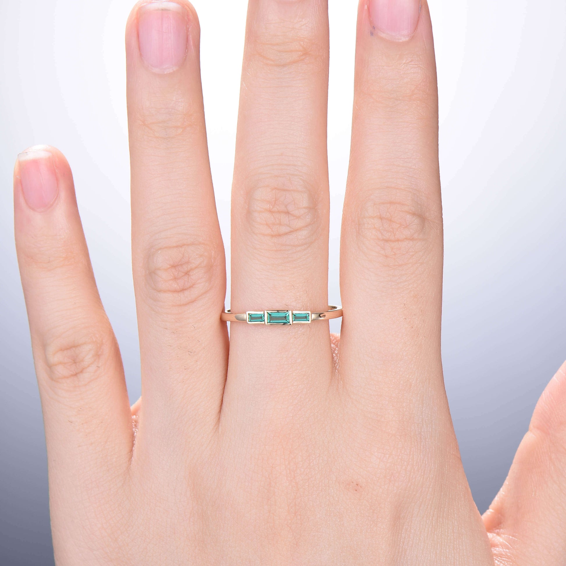 Bezel Set Baguette Emerald Wedding Ring Three Stone Green Gemstone Promise Ring Minimalist Stacking Dainty Ring Birthstone Anniversary Gift - PENFINE
