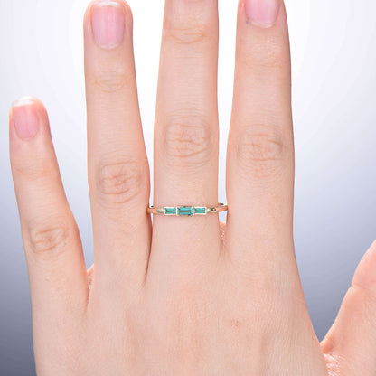 Bezel Set Baguette Emerald Wedding Ring Three Stone Green Gemstone Promise Ring Minimalist Stacking Dainty Ring Birthstone Anniversary Gift - PENFINE