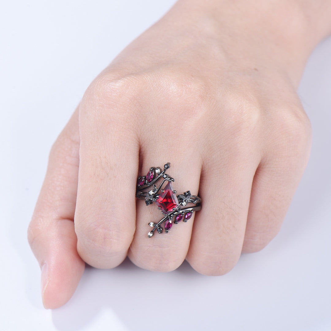 Unique gothic kite cut ruby engagement ring set black gold cluster engagement ring leaf branch nature inspired marquise ruby wedding set - PENFINE