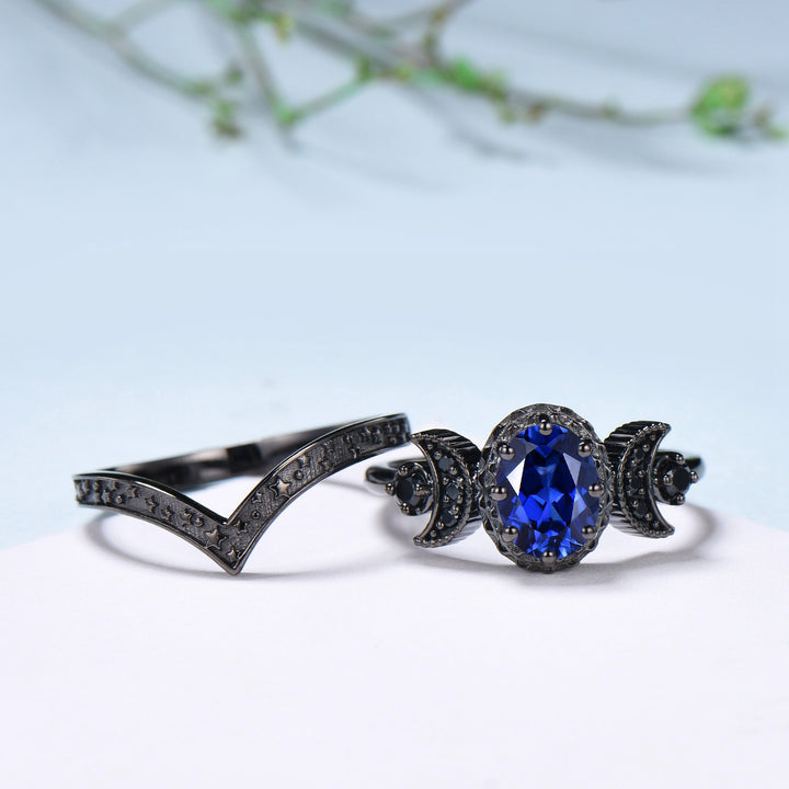 Unique moon star ring Oval blue sapphire wedding ring set Black gold gothic engagement ring set crescent moon sapphire bridal set for women - PENFINE