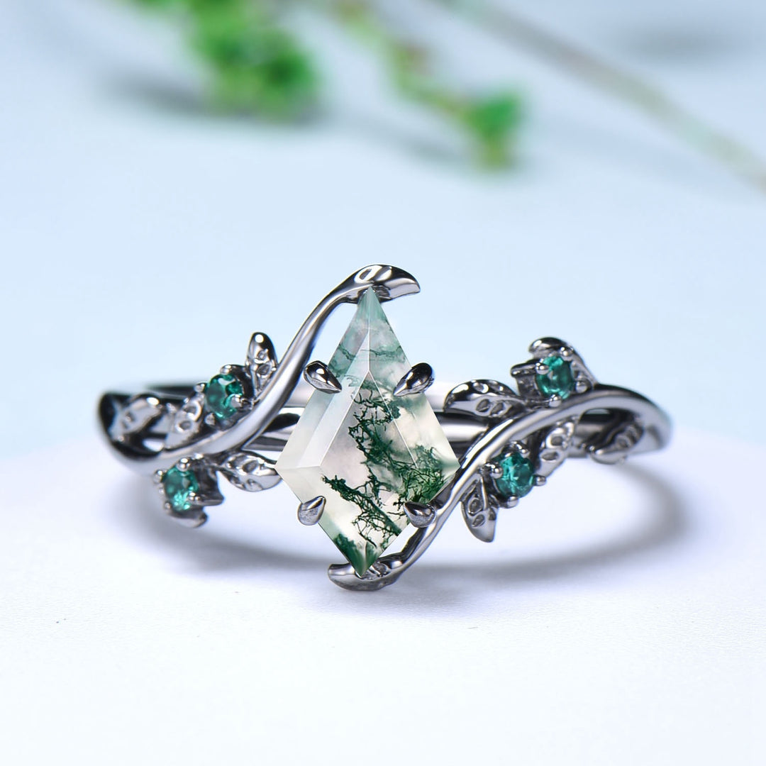 Unique black gold moss agate ring set Nature Inspired kite cut green agate engagement ring cluster emerald eye wedding ring set for women - PENFINE