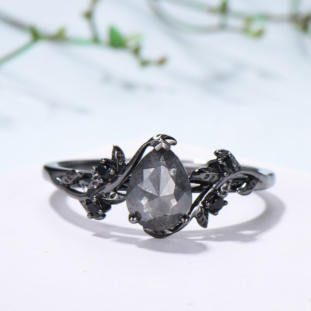 Elegant Black Gold salt pepper diamond engagement ring natural inspired pear shaped twig vine pepper diamond unique leaf vine bridal set - PENFINE