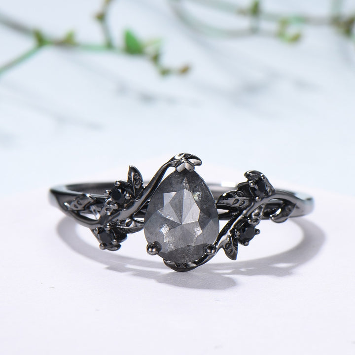 Elegant Black Gold salt pepper diamond engagement ring natural inspired pear shaped twig vine pepper diamond unique leaf vine bridal set - PENFINE