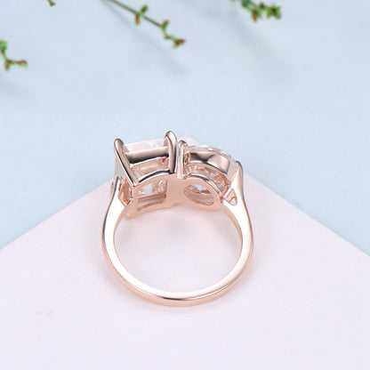 Two stone moissanite engagement ring 14k rose gold emerald round moisaanite plain rose gold wedding ring minimalist anniversary bridal gifts - PENFINE