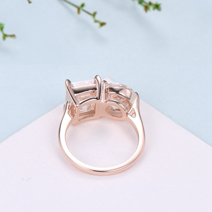 Two stone moissanite engagement ring 14k rose gold emerald round moisaanite plain rose gold wedding ring minimalist anniversary bridal gifts - PENFINE