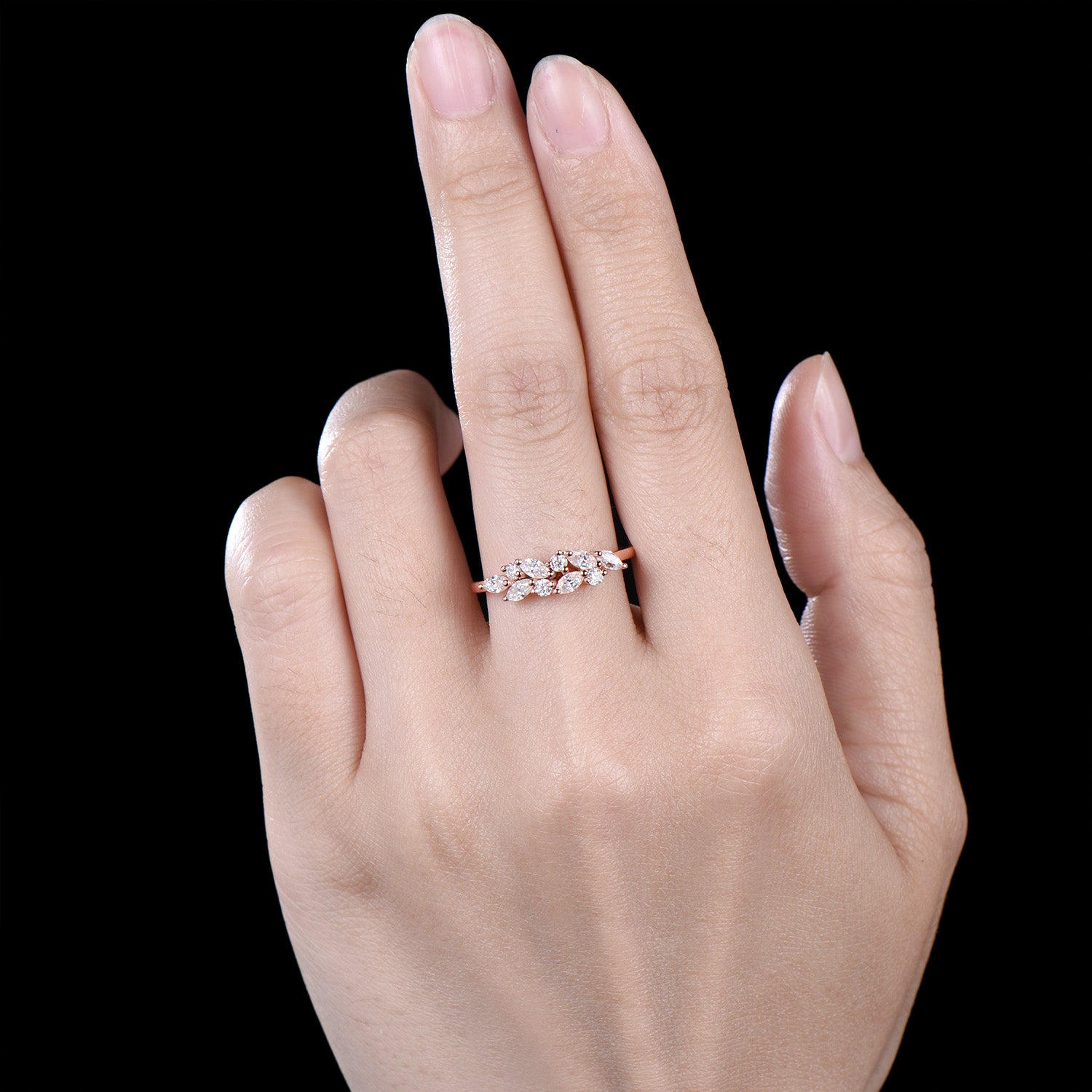 Vintage Moissanite Wedding Ring Art Deco 14k Solid Rose Gold Marquise Cut Moissanite Wedding Band Cluster Promise Ring - PENFINE