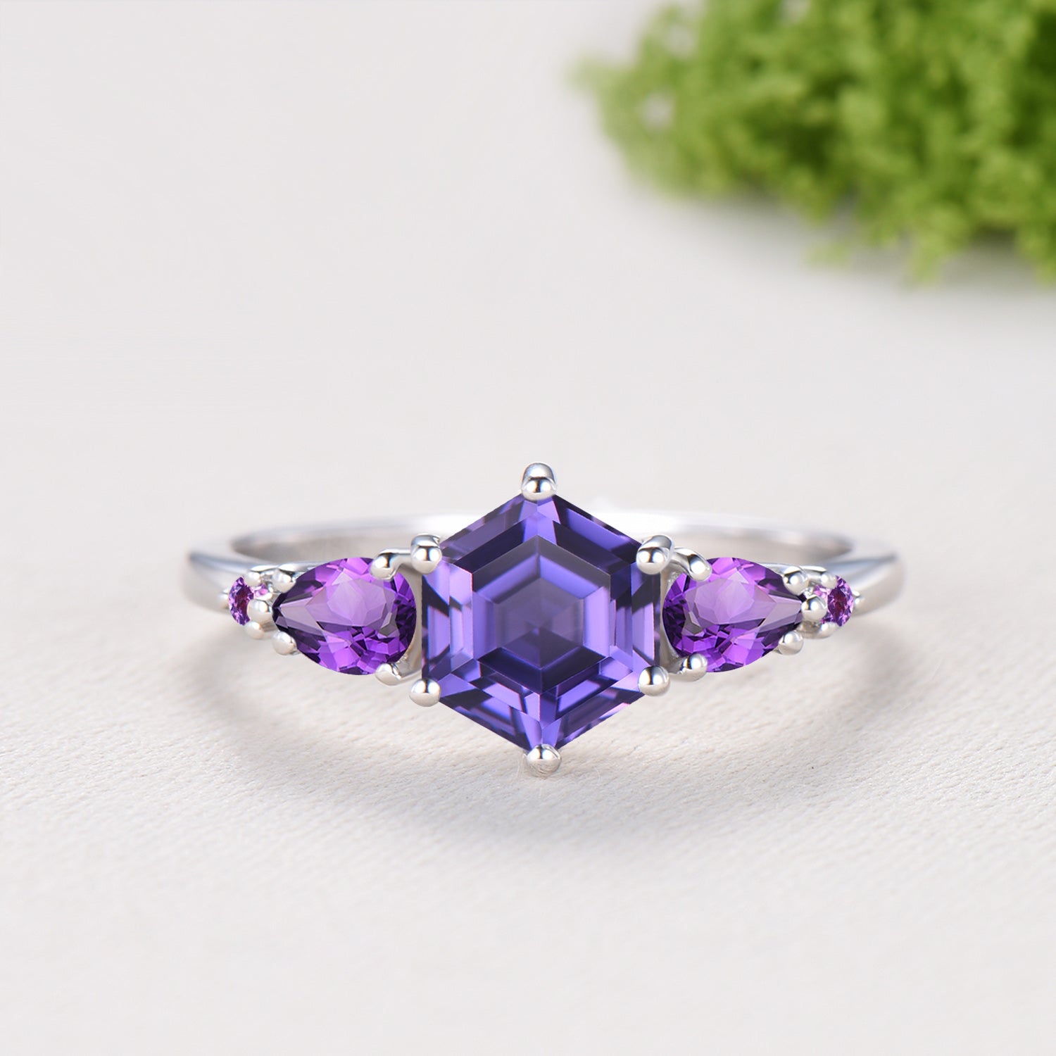 Vintage Hexagon Cut Purple Sapphire Engagement Ring Set, Unique Five Stone Amethyst Promise Ring, Fire Opal Stacking Band