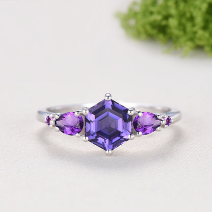 Vintage Hexagon Cut Purple Sapphire Engagement Ring Set, Unique Five Stone Amethyst Promise Ring, Fire Opal Stacking Band