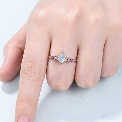 Unique moon opal and amethyst ring Vintage fire kite opal engagement ring rose gold art deco kite cut cute amethyst wedding ring for women - PENFINE