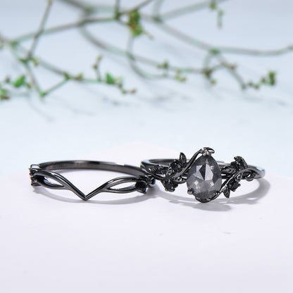 Elegant Black Gold salt pepper diamond engagement ring natural inspired pear shaped twig vine pepper diamond unique leaf vine bridal set - PENFINE