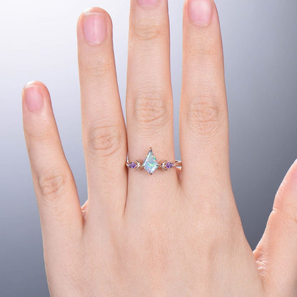 Unique moon opal and amethyst ring Vintage fire kite opal engagement ring rose gold art deco kite cut cute amethyst wedding ring for women - PENFINE