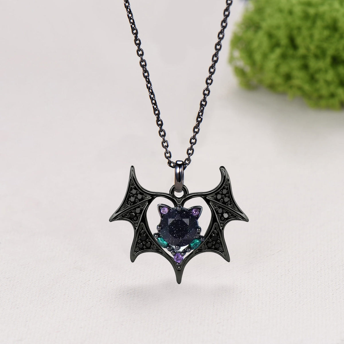 Gothic Black Gold Blue Sandstone Bat Necklace, Unique Devil Emerald Amethyst Wing Pendant