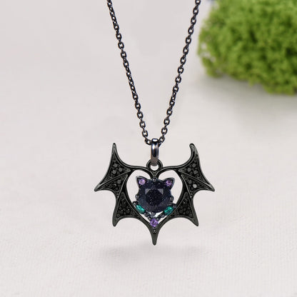 Gothic Black Gold Blue Sandstone Bat Necklace, Unique Devil Emerald Amethyst Wing Pendant