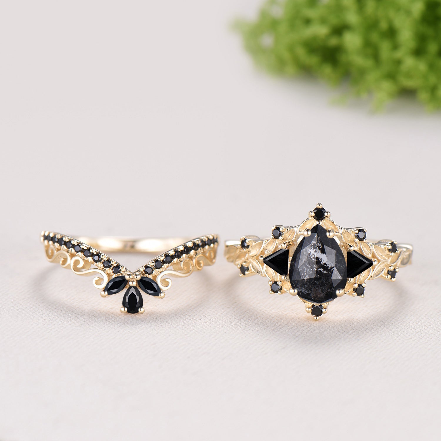 Nature Inspired Salt and Pepper Diamond Engagement Ring Pear Cut Art Deco Filigree Bridal Set 14K Yellow Gold Leaf Vine Anniversary Gift