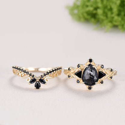 Nature Inspired Salt and Pepper Diamond Engagement Ring Pear Cut Art Deco Filigree Bridal Set 14K Yellow Gold Leaf Vine Anniversary Gift