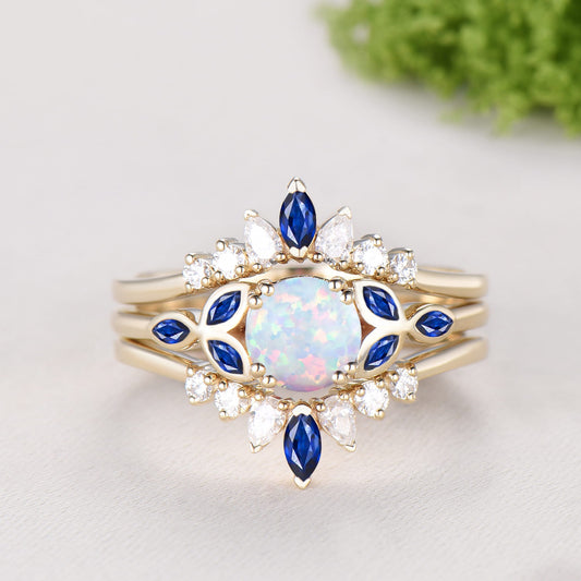 Round Cut White Opal Bezel Setting Engagement Ring Sapphire Moissanite Enhancer Ring Bridal Set