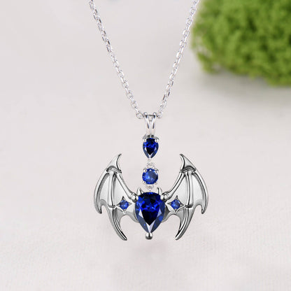 Gothic Bat Sapphire Necklace, Pear Cut Blue Sapphire Pendant, Vampire Bat Wings Jewelry, Dark Academia Charm, Halloween Gift for Her