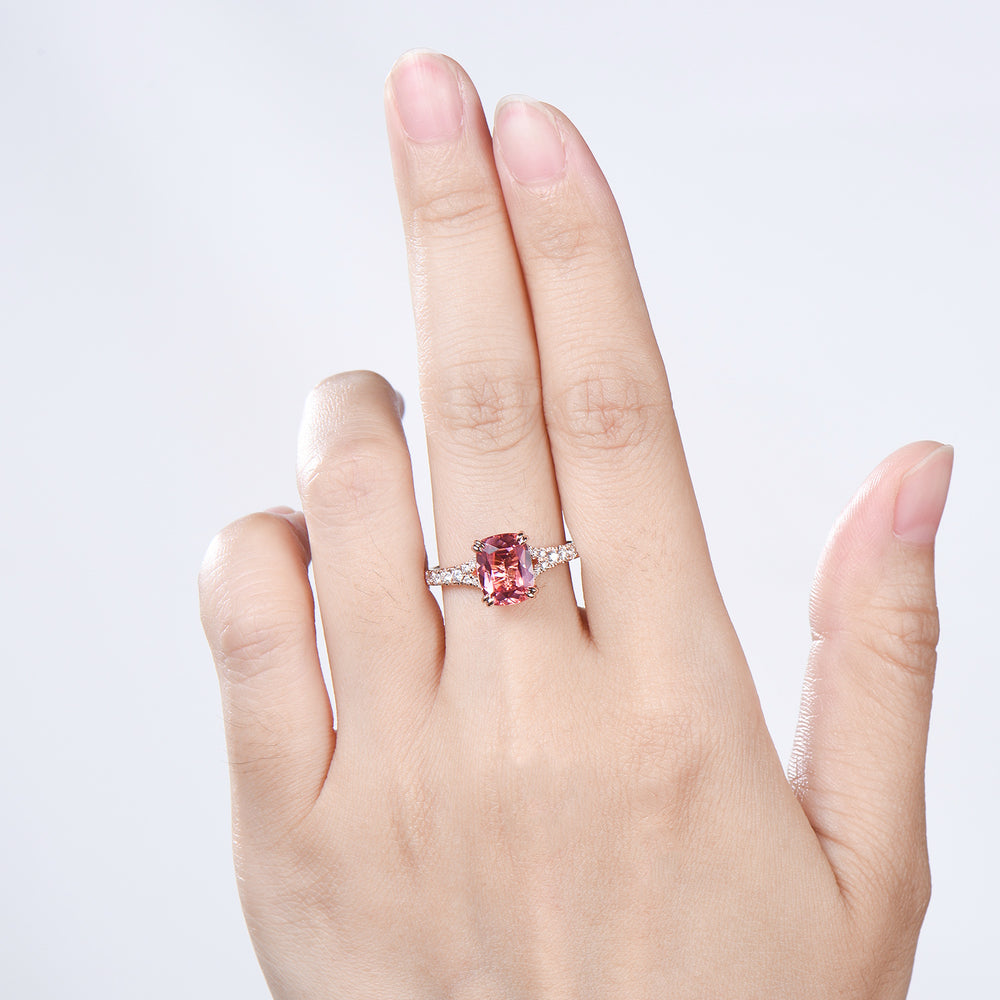 7x9mm Cushion Padparadscha Sapphire Engagement Ring, Split Shank Pave Diamond, Rose Gold Promise Ring - PENFINE