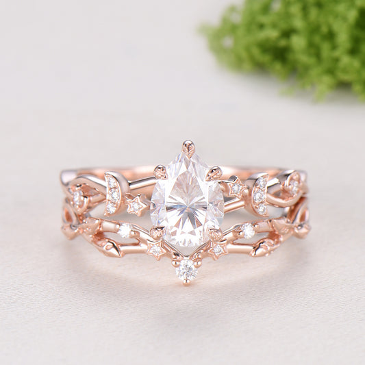 Vintage Pear Shaped Diamond Engagement Ring Set Moon Star Rose Gold Moissanite Wedding Ring Set Nature Inspired Twig Vine Anniversary Ring