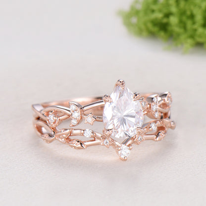 Vintage Pear Shaped Diamond Engagement Ring Set Moon Star Rose Gold Moissanite Wedding Ring Set Nature Inspired Twig Vine Anniversary Ring