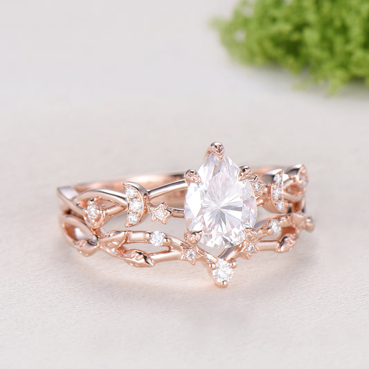 Vintage Pear Shaped Diamond Engagement Ring Set Moon Star Rose Gold Moissanite Wedding Ring Set Nature Inspired Twig Vine Anniversary Ring
