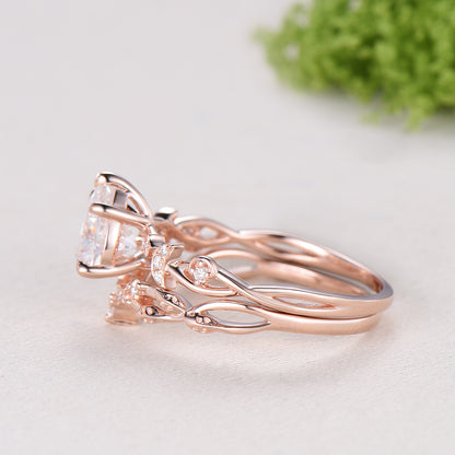 Vintage Pear Shaped Diamond Engagement Ring Set Moon Star Rose Gold Moissanite Wedding Ring Set Nature Inspired Twig Vine Anniversary Ring