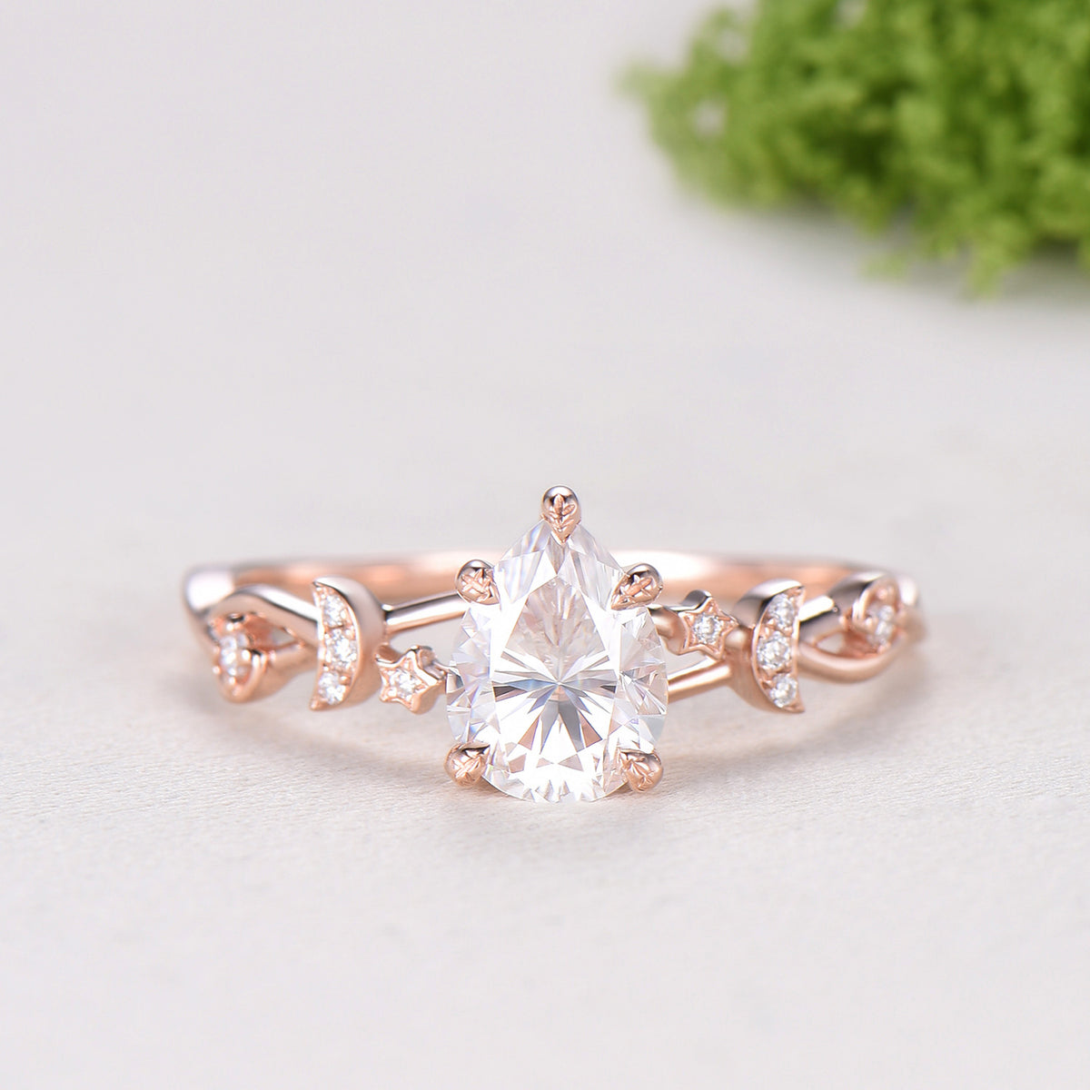 Vintage Pear Shaped Diamond Engagement Ring Set Moon Star Rose Gold Moissanite Wedding Ring Set Nature Inspired Twig Vine Anniversary Ring