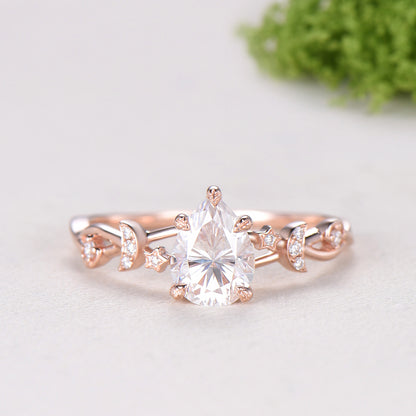 Vintage Pear Shaped Diamond Engagement Ring Set Moon Star Rose Gold Moissanite Wedding Ring Set Nature Inspired Twig Vine Anniversary Ring