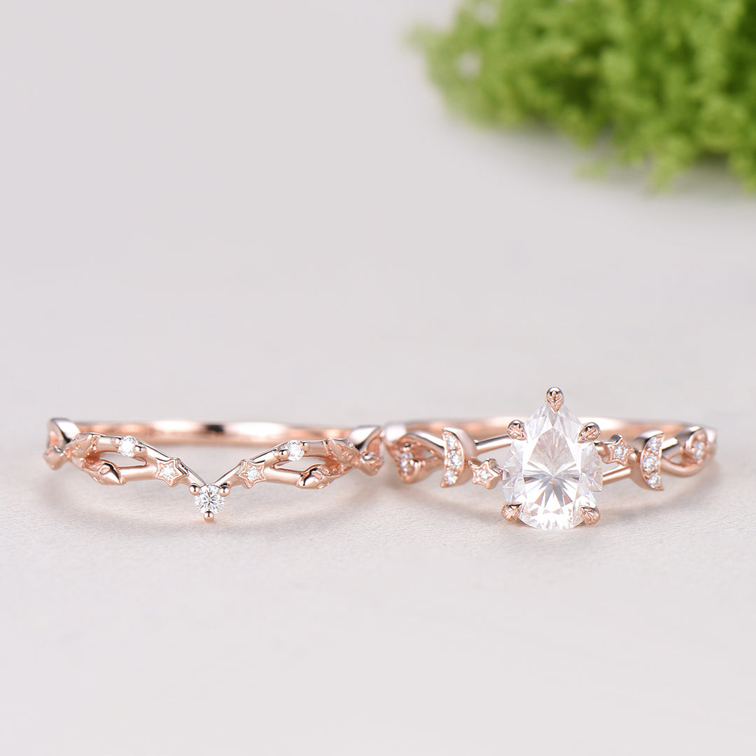 Vintage Pear Shaped Diamond Engagement Ring Set Moon Star Rose Gold Moissanite Wedding Ring Set Nature Inspired Twig Vine Anniversary Ring