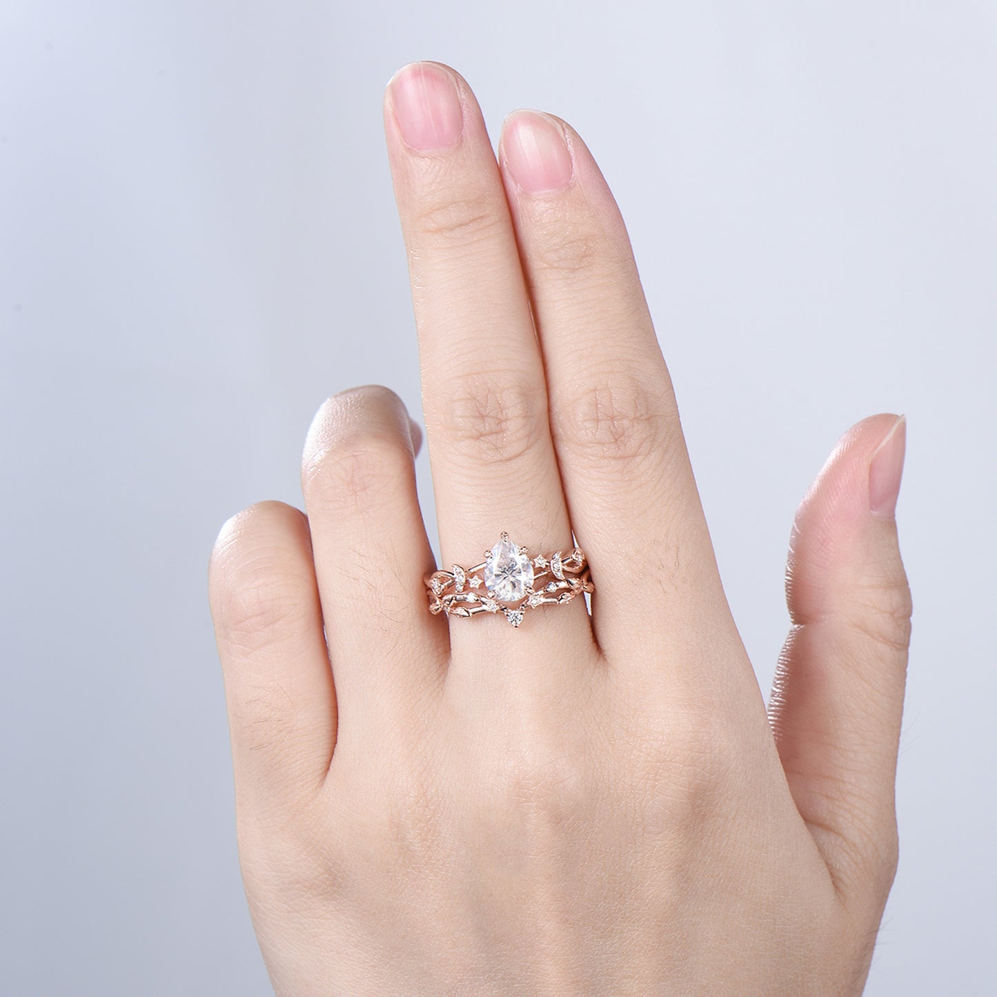 Vintage Pear Shaped Diamond Engagement Ring Set Moon Star Rose Gold Moissanite Wedding Ring Set Nature Inspired Twig Vine Anniversary Ring