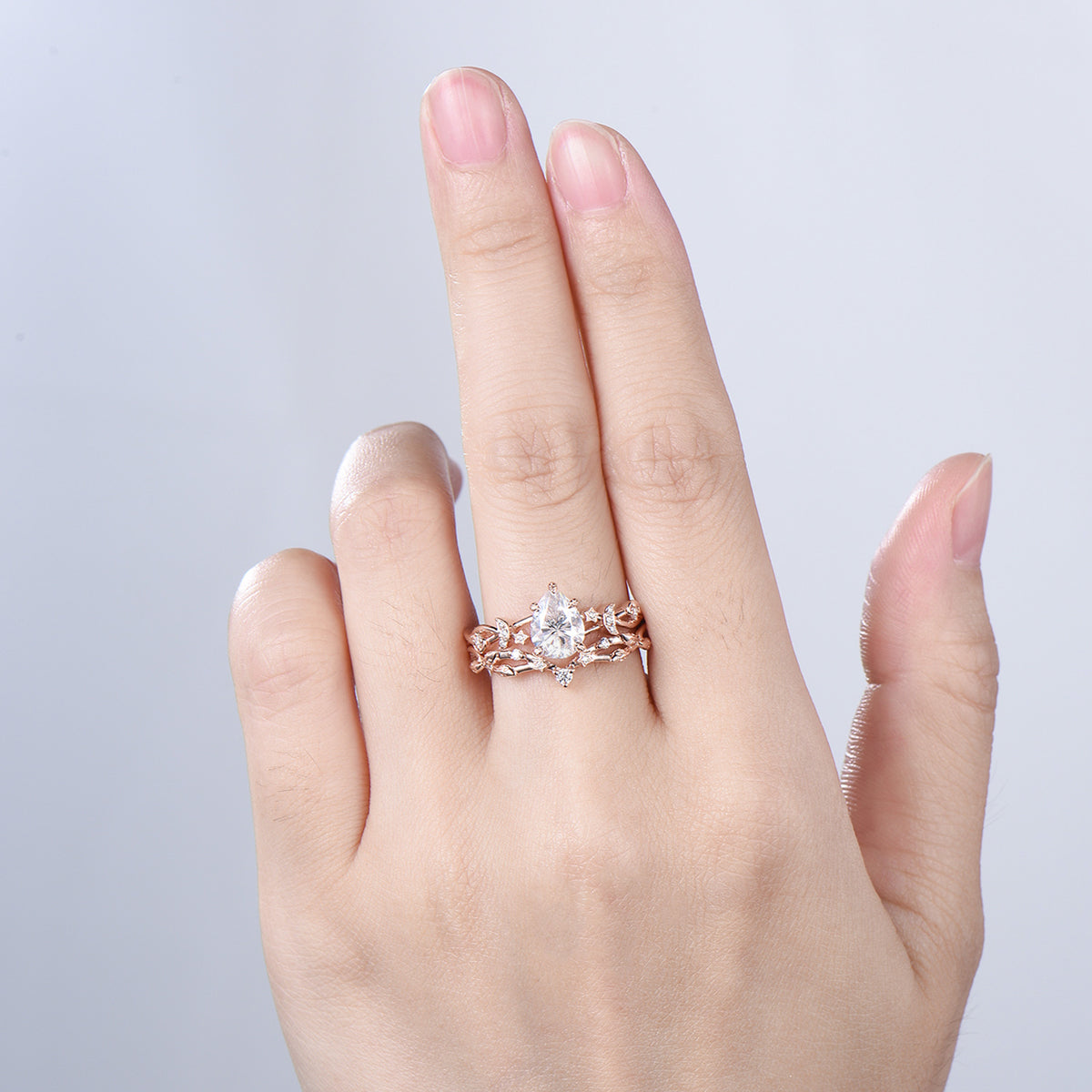 Vintage Pear Shaped Diamond Engagement Ring Set Moon Star Rose Gold Moissanite Wedding Ring Set Nature Inspired Twig Vine Anniversary Ring