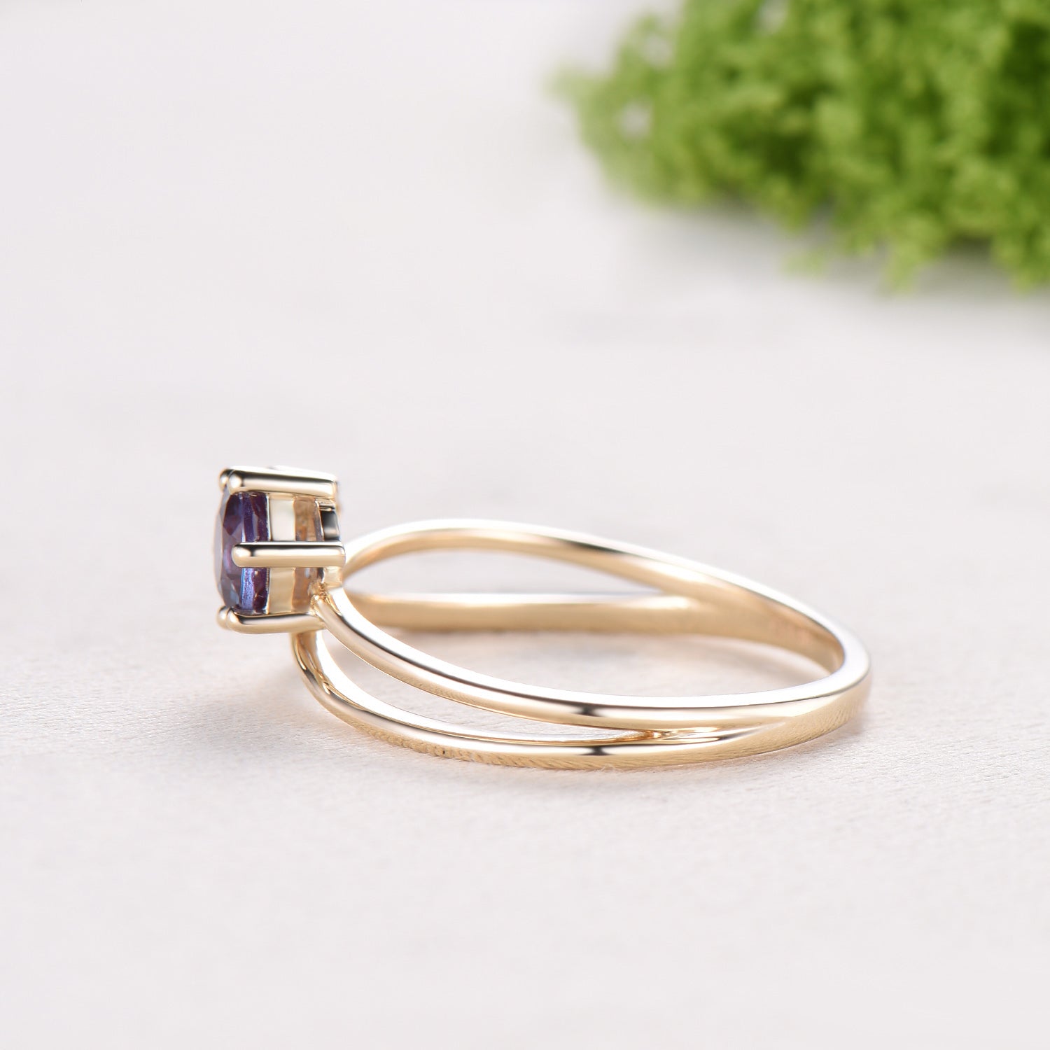 5mm Dainty round alexandrite ring Unique moonstone alexandrite engagement ring split shank Delicate June birthstone wedding ring for women