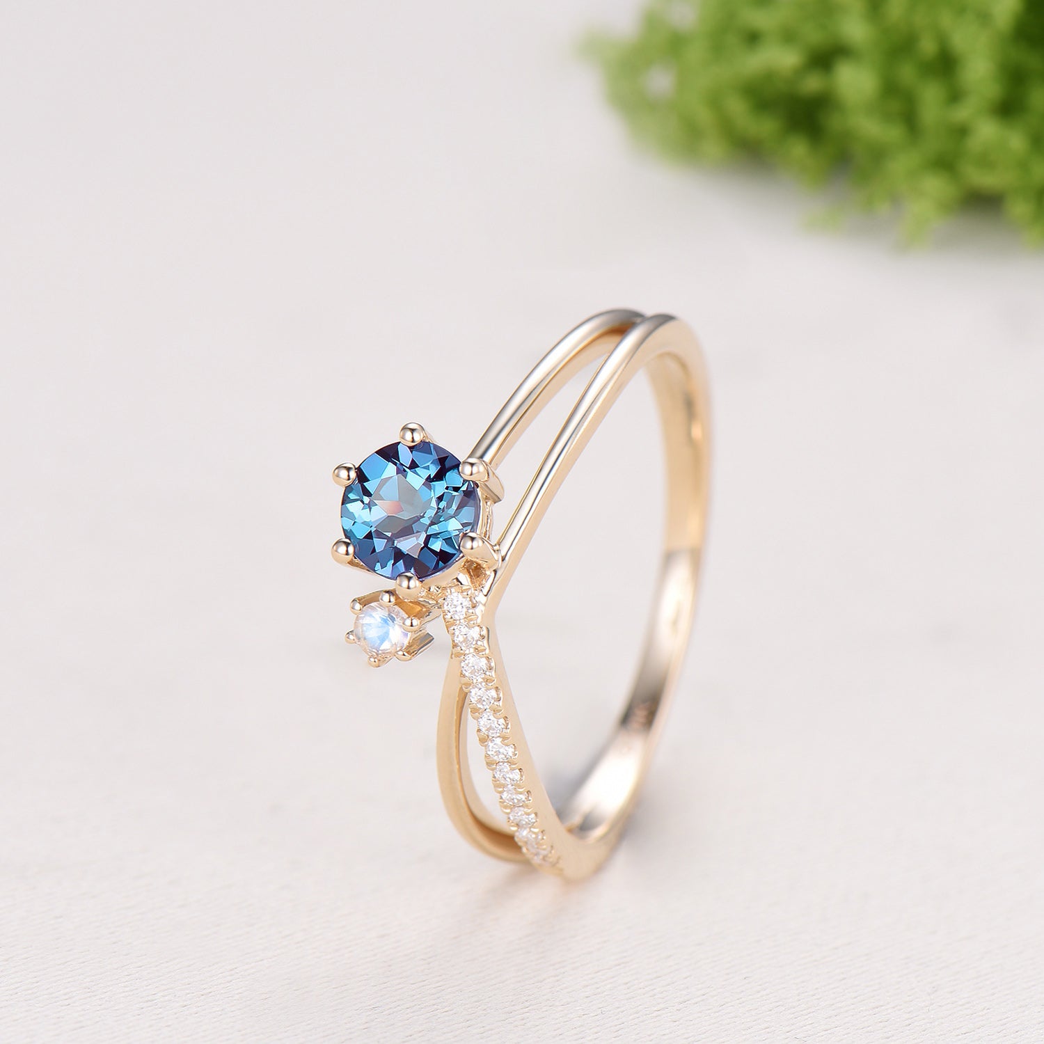 5mm Dainty round alexandrite ring Unique moonstone alexandrite engagement ring split shank Delicate June birthstone wedding ring for women