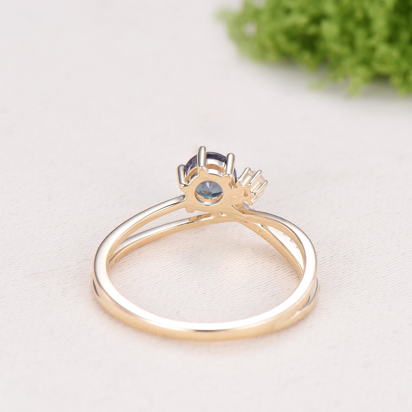 5mm Dainty round alexandrite ring Unique moonstone alexandrite engagement ring split shank Delicate June birthstone wedding ring for women