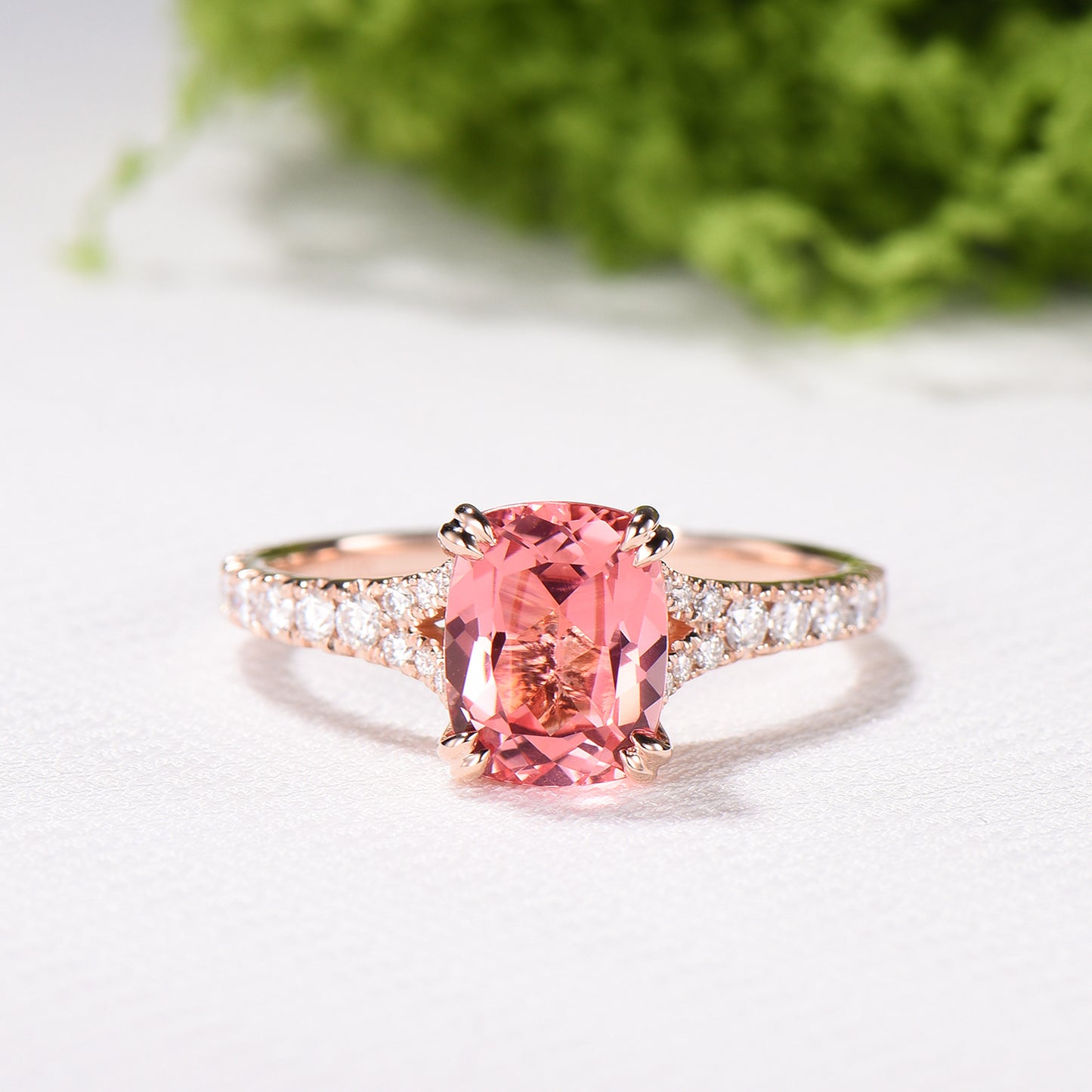 7x9mm Cushion Padparadscha Sapphire Engagement Ring, Split Shank Pave Diamond, Rose Gold Promise Ring - PENFINE