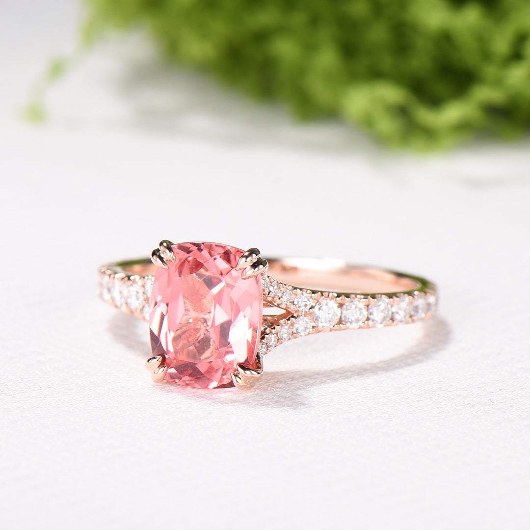 7x9mm Cushion Padparadscha Sapphire Engagement Ring, Split Shank Pave Diamond, Rose Gold Promise Ring - PENFINE