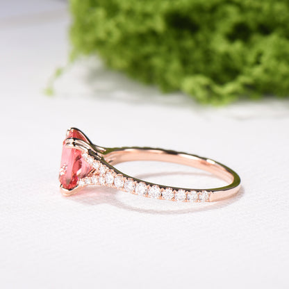 7x9mm Cushion Padparadscha Sapphire Engagement Ring, Split Shank Pave Diamond, Rose Gold Promise Ring - PENFINE