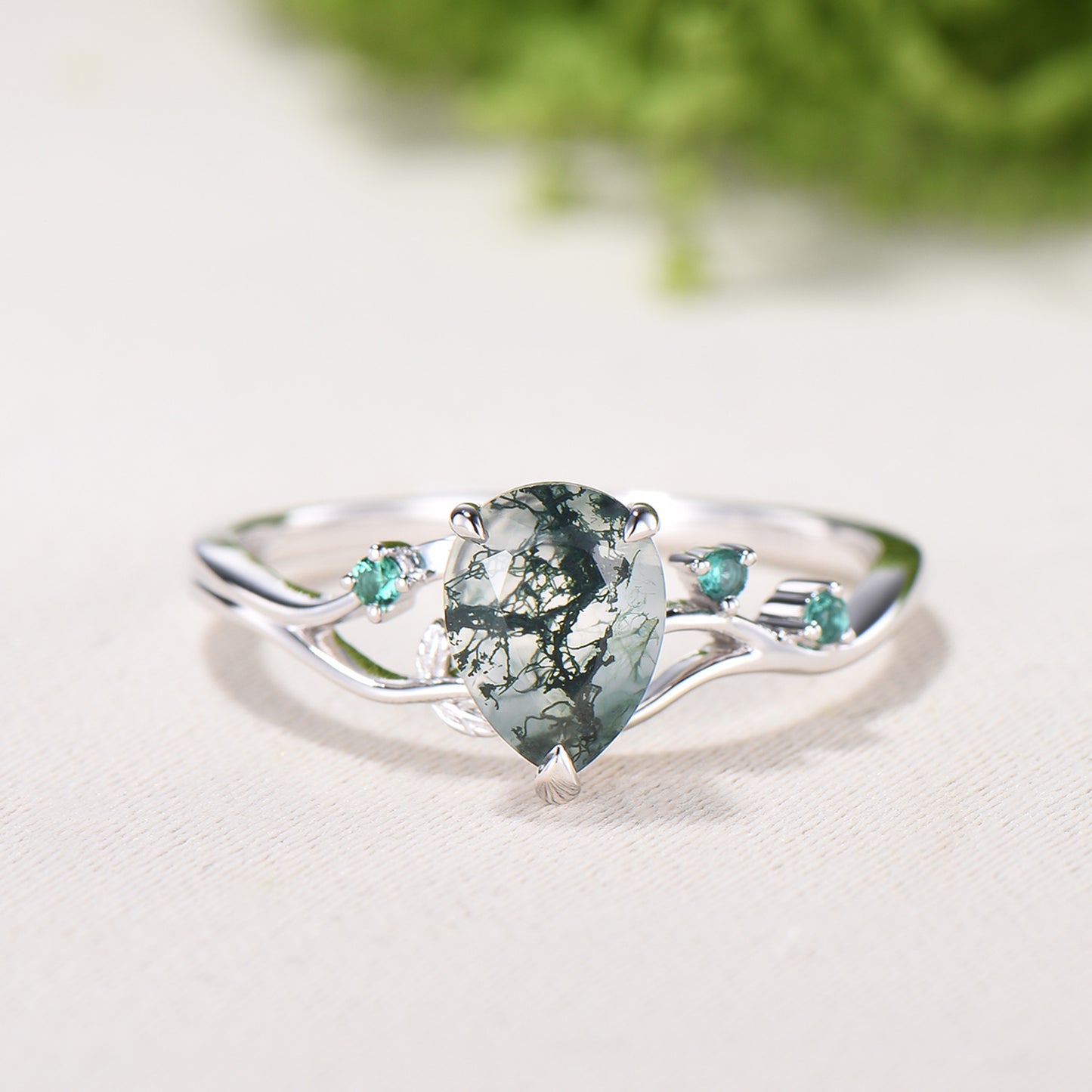 Moss Agate Engagement Ring with Emerald Accents, Rose Gold Nature-Inspired Twig Ring, Unique Handcrafted Botanical Jewelry for Her - PENFINE