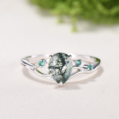 Moss Agate Engagement Ring with Emerald Accents, Rose Gold Nature-Inspired Twig Ring, Unique Handcrafted Botanical Jewelry for Her - PENFINE