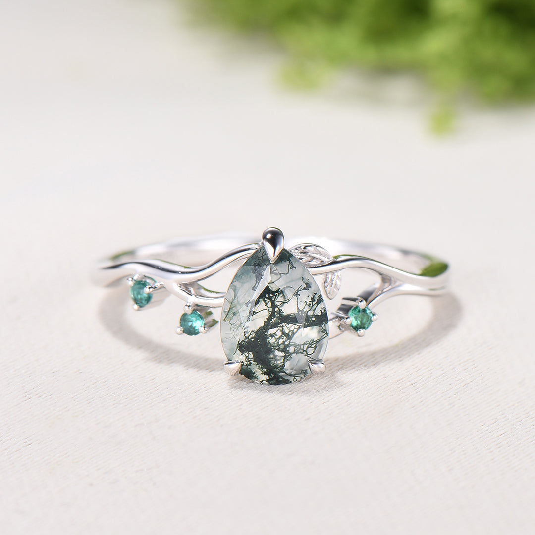 Moss Agate Engagement Ring with Emerald Accents, Rose Gold Nature-Inspired Twig Ring, Unique Handcrafted Botanical Jewelry for Her - PENFINE