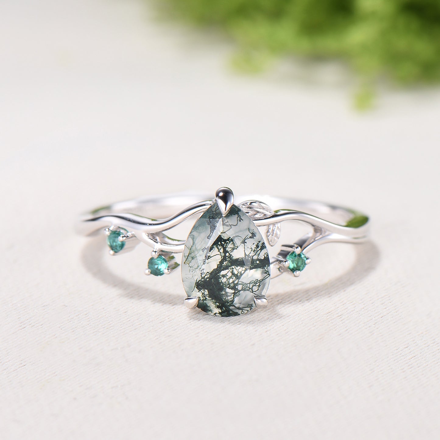 Moss Agate Engagement Ring with Emerald Accents, Rose Gold Nature-Inspired Twig Ring, Unique Handcrafted Botanical Jewelry for Her - PENFINE