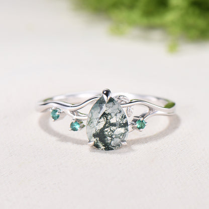 Moss Agate Engagement Ring with Emerald Accents, Rose Gold Nature-Inspired Twig Ring, Unique Handcrafted Botanical Jewelry for Her - PENFINE