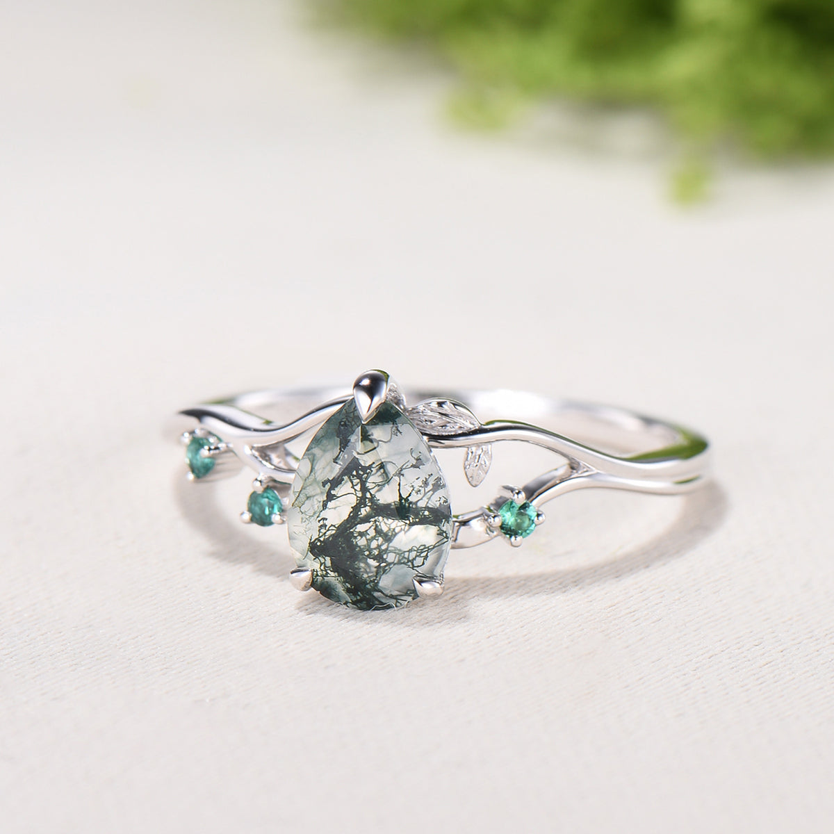 Moss Agate Engagement Ring with Emerald Accents, Rose Gold Nature-Inspired Twig Ring, Unique Handcrafted Botanical Jewelry for Her - PENFINE
