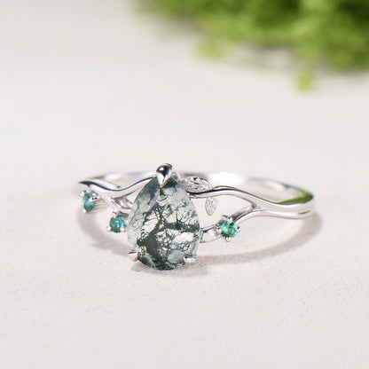 Moss Agate Engagement Ring with Emerald Accents, Rose Gold Nature-Inspired Twig Ring, Unique Handcrafted Botanical Jewelry for Her - PENFINE