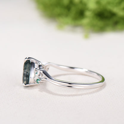 Moss Agate Engagement Ring with Emerald Accents, Rose Gold Nature-Inspired Twig Ring, Unique Handcrafted Botanical Jewelry for Her - PENFINE