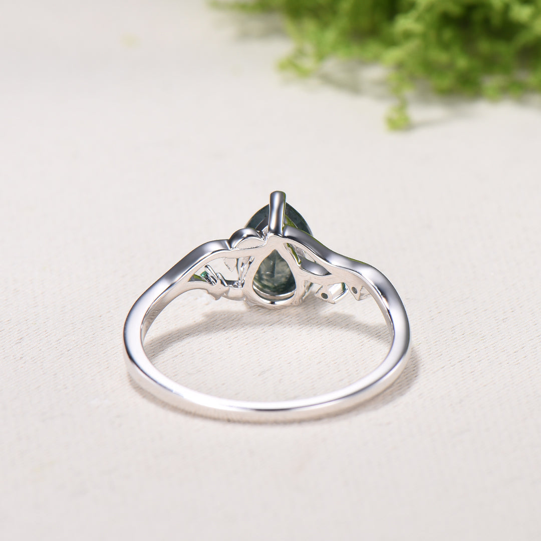 Moss Agate Engagement Ring with Emerald Accents, Rose Gold Nature-Inspired Twig Ring, Unique Handcrafted Botanical Jewelry for Her - PENFINE